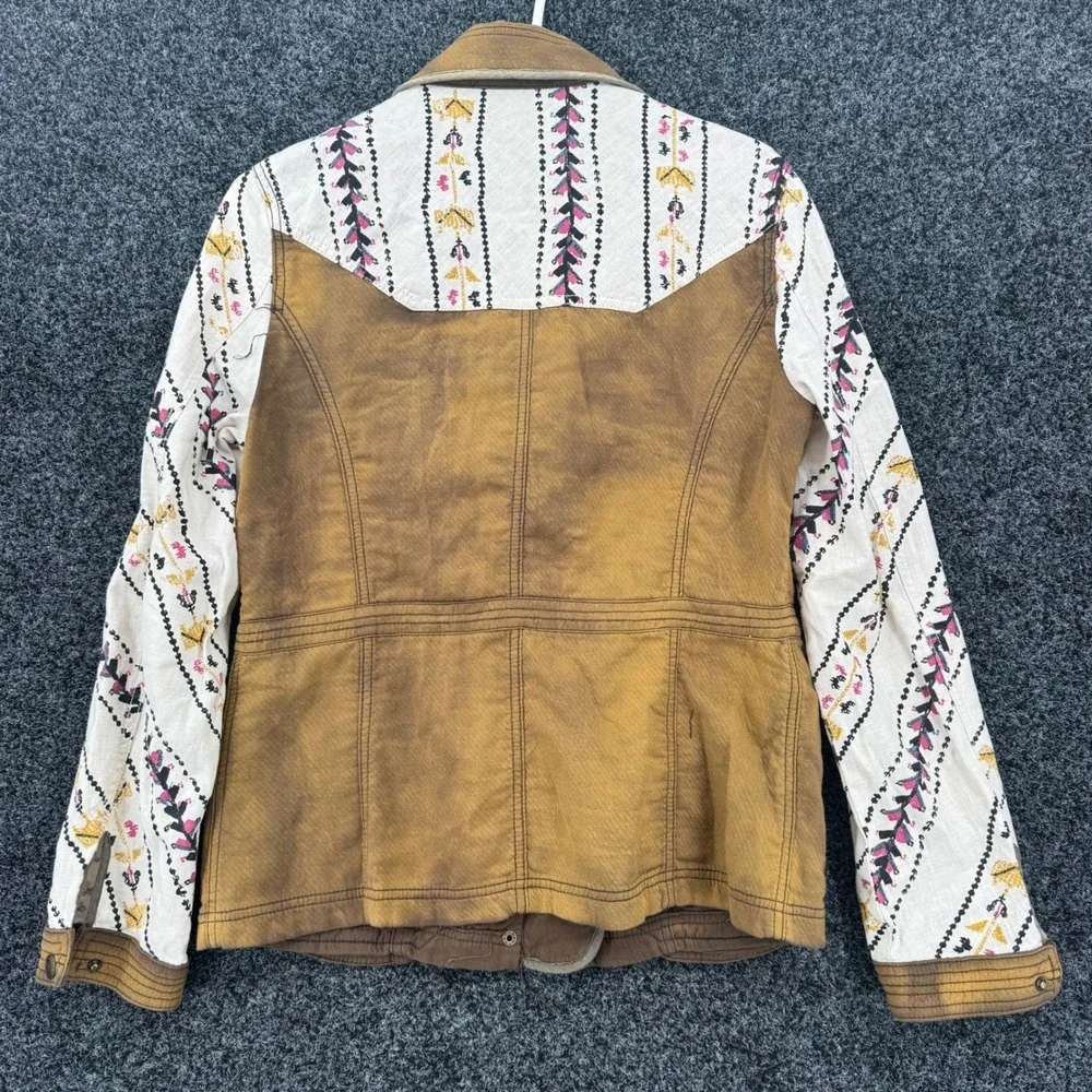Free People 1970 Mixed Media Military Field Jacket Brown Embroidered Sleeves S